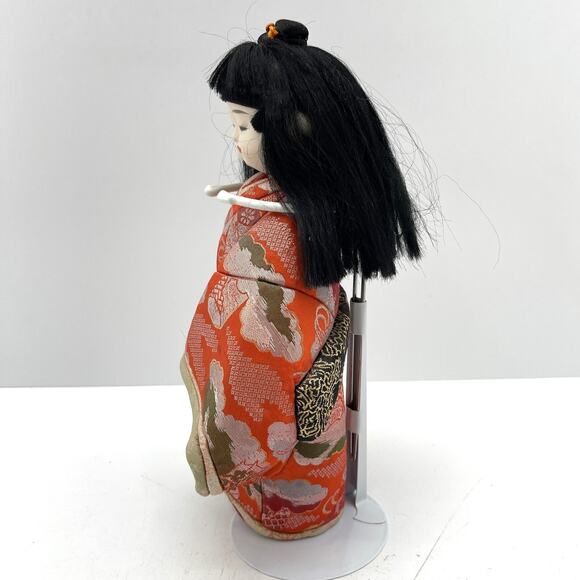 Vintage Gofun Japanese Ichimatsu Girl Doll Black Hair Silk Kimono Ningyo 11.5" - Picture 2 of 9
